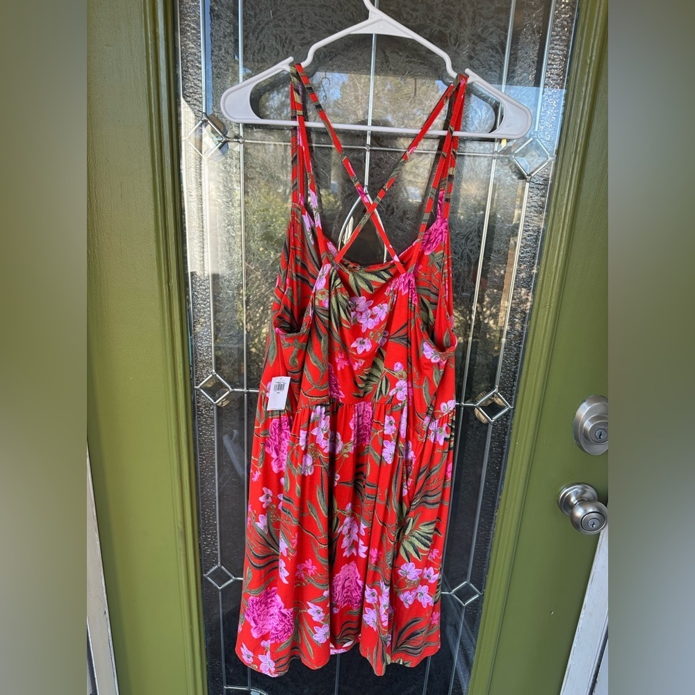 Old Navy XXL Tall Red Floral Cami Dress Spaghetti Strap Elastic Waist Hawaiian - Picture 5 of 5